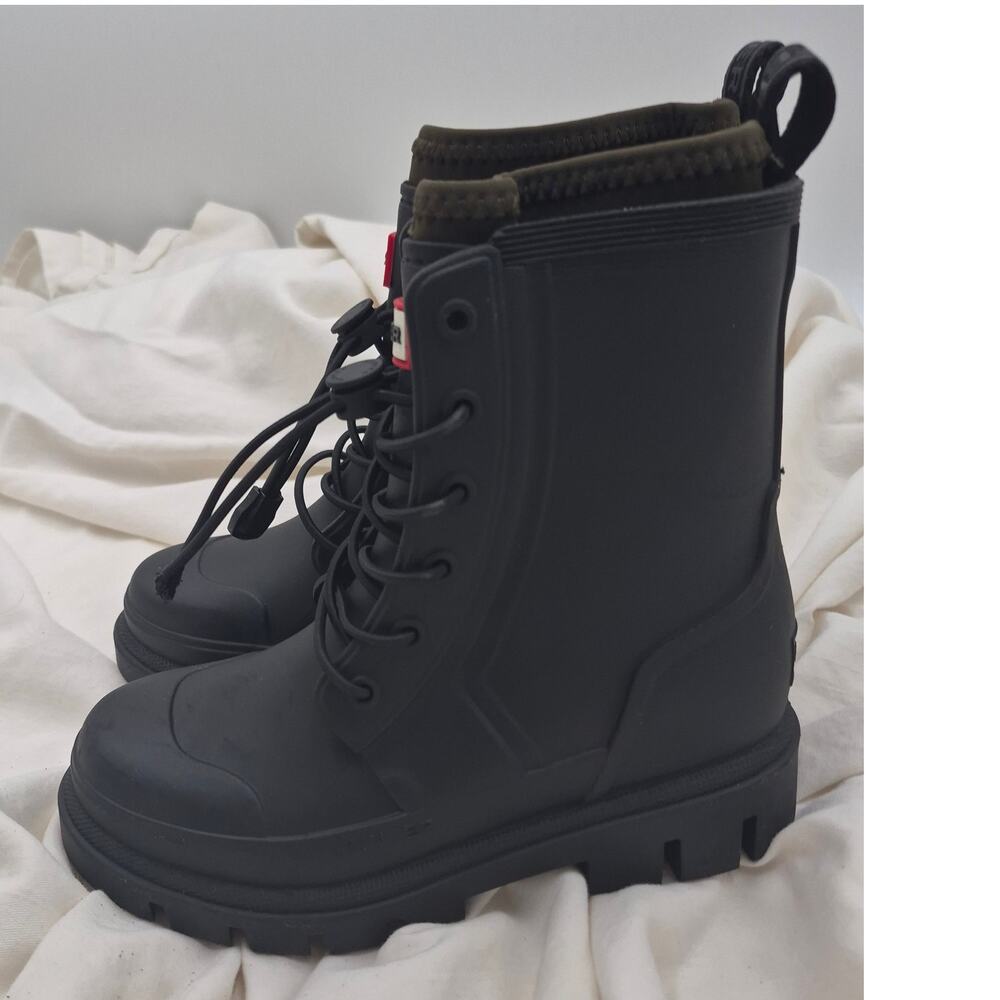 NEW Hunter Stamp Waterproof Lace-Up Rain Boots black n green KIDS size 13